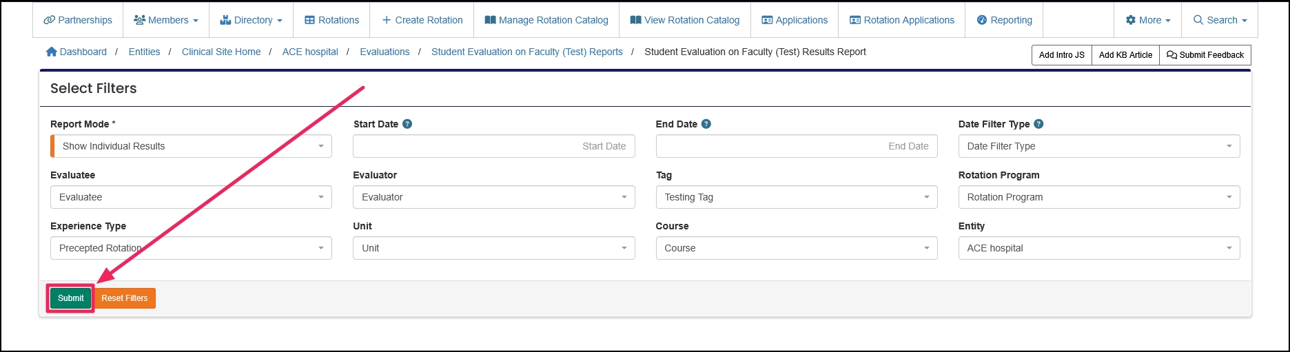 Evaluations Results Reports filter options highlighting Submit button.