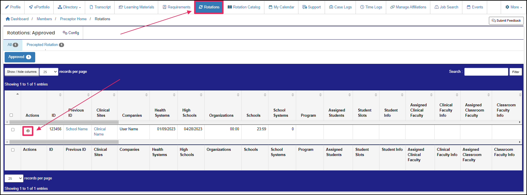 Rotations tab and rotation table highlighting the view icon.