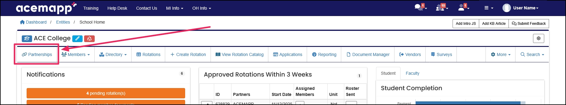 User home page highlighting Partnerships button.
