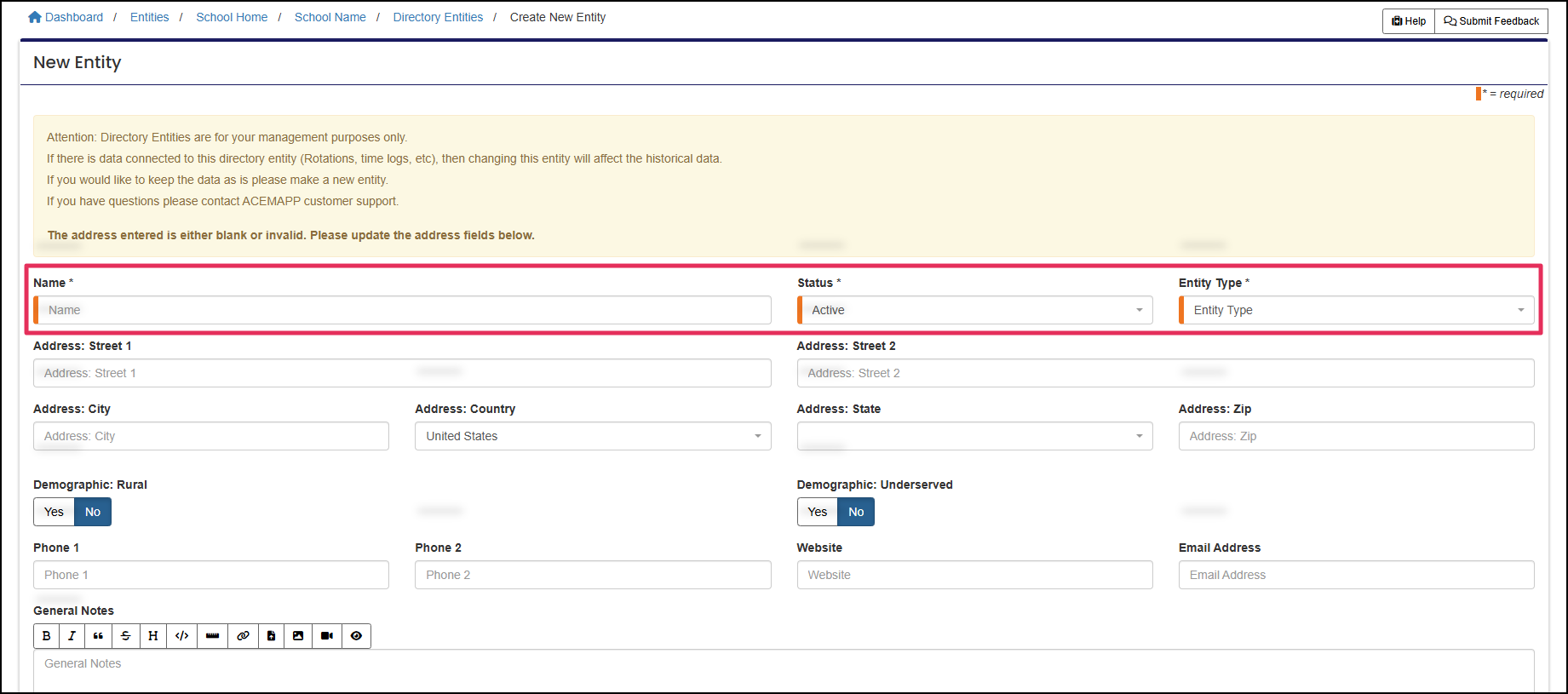 New Entity form highlighting Entity Name field, Status selector and Entity type selector.