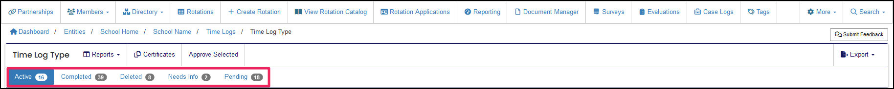 Statuses on time logs table highlighted at the top of the table.
