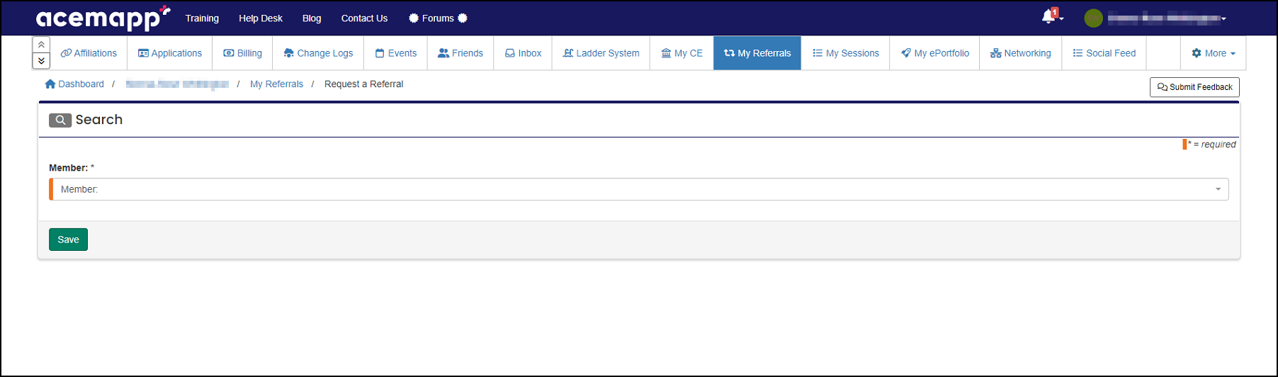 My referrals page member search example.