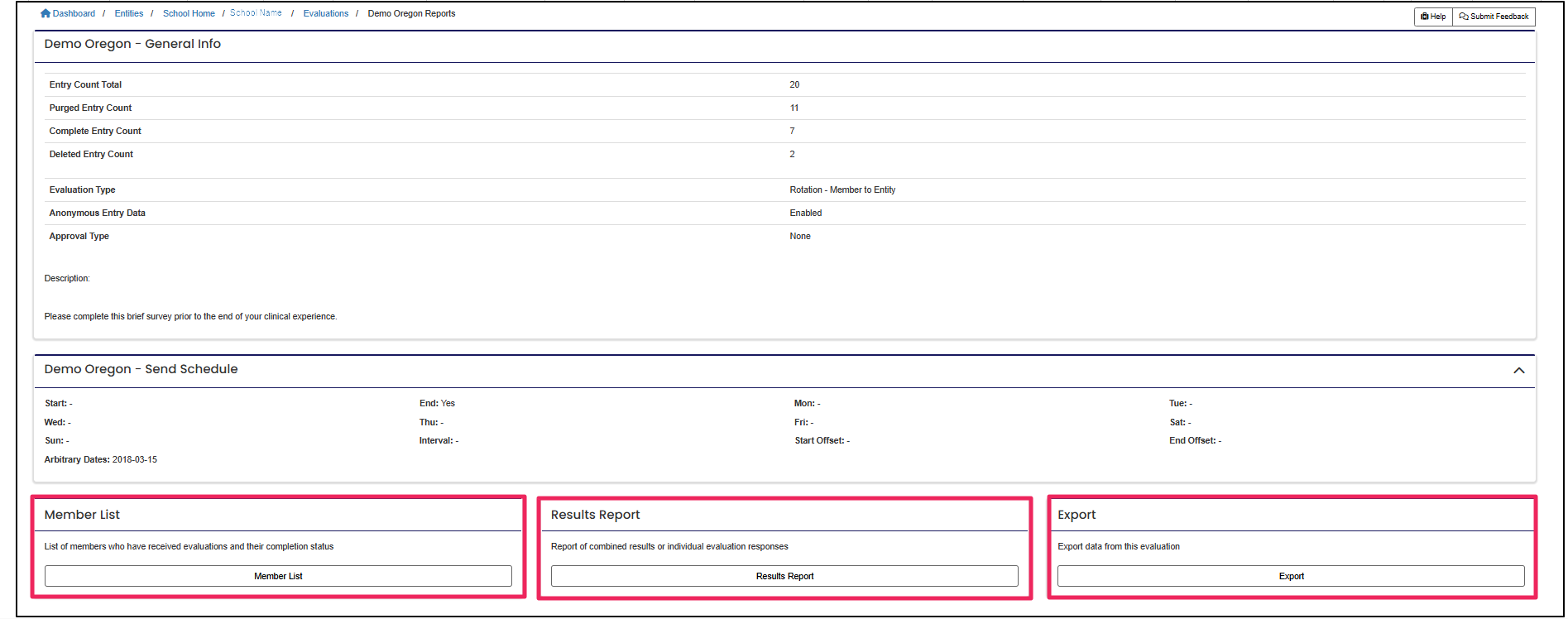 Evaluation reports page highlighting the member list, results report, and export buttons