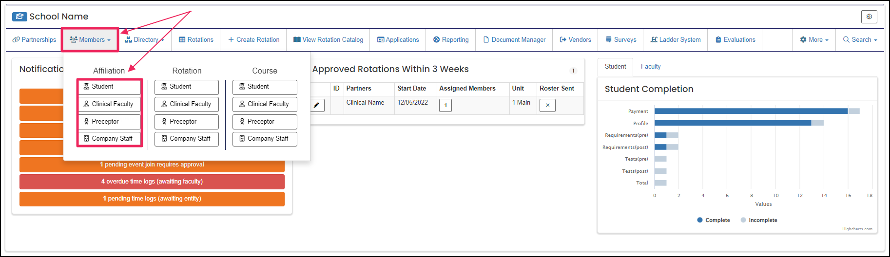 Nav bar highlighting Members and Affiliation column from dropdown.
