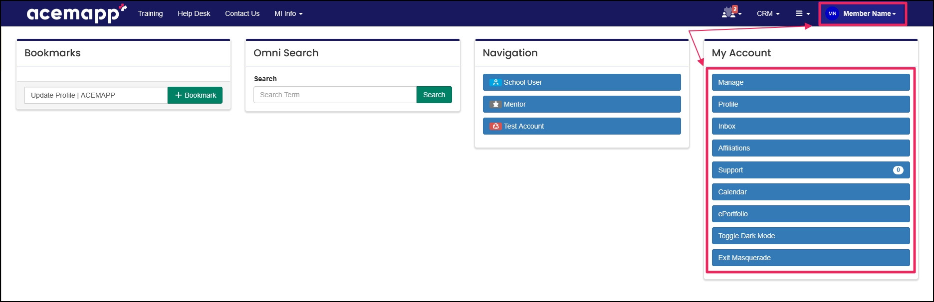 Screenshot of name dropdown highlighting the buttons under the "my account" tab.