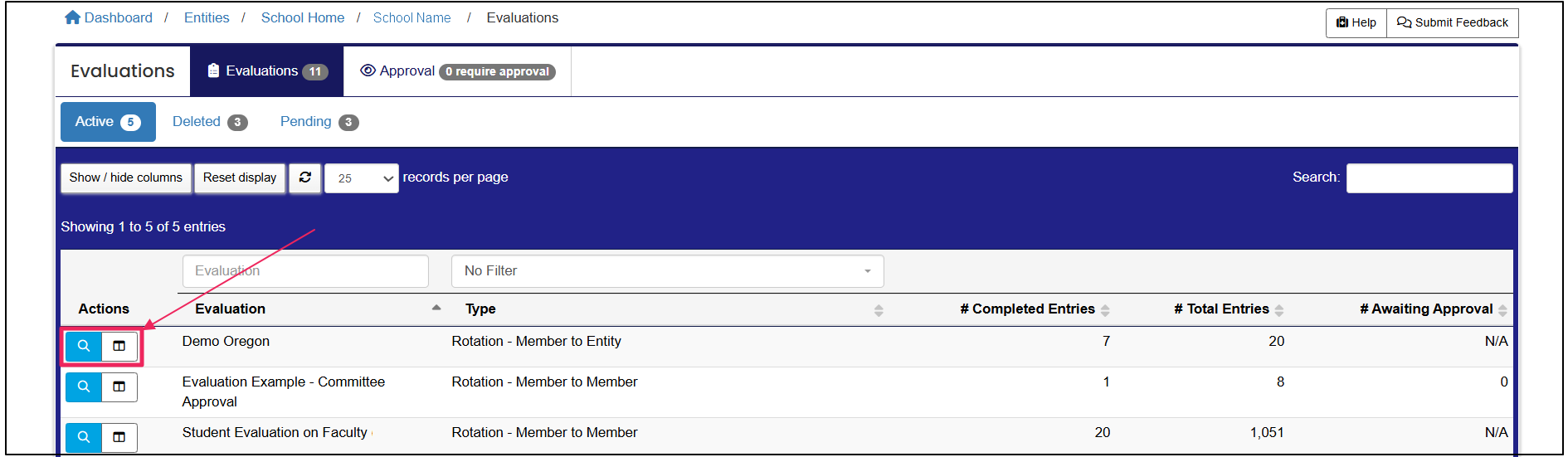 Evaluations table highlighting the reports button