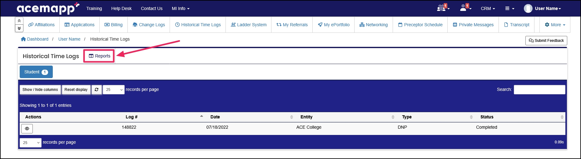 Historical Time Logs example highlighting Reports button.