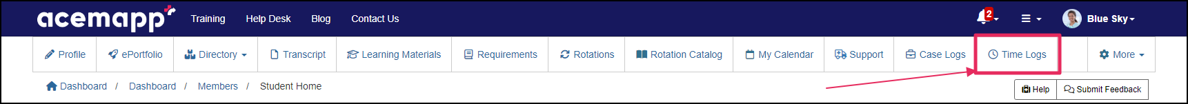 Member navigation bar highlighting Time Logs button.