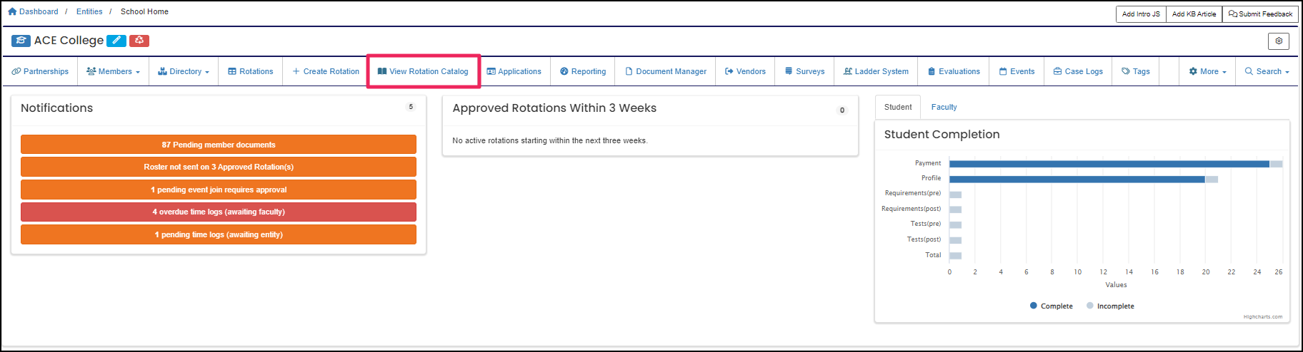 User home page highlighting View Rotation Catalog button.