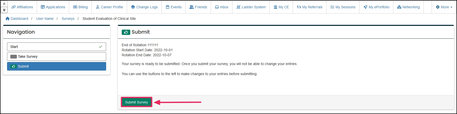 Screenshot of submit tab and highlighting submit survey button.