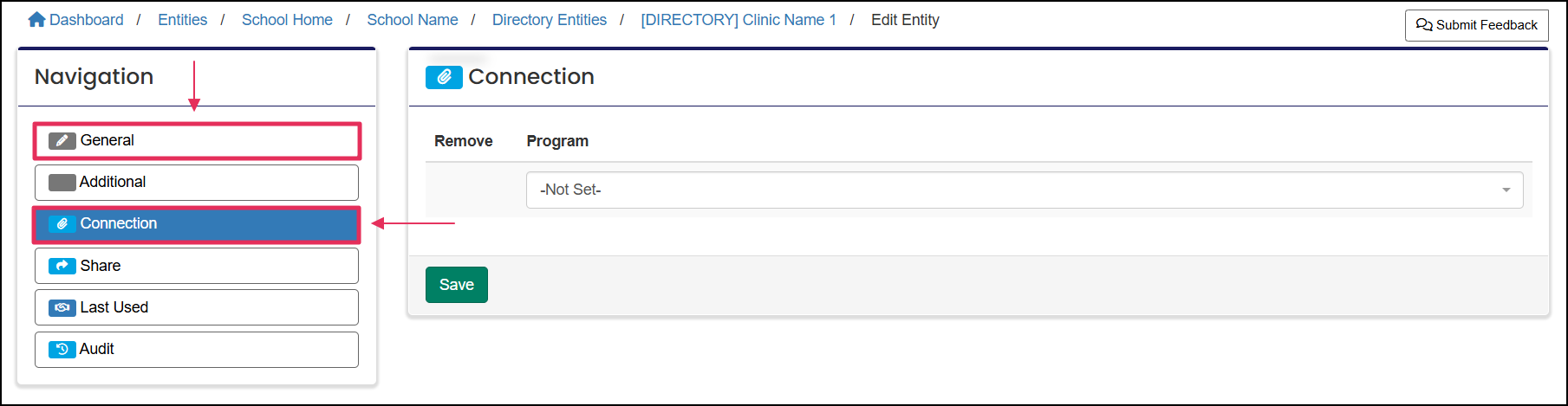 Edit Entity page highlighting General and Connection tabs.