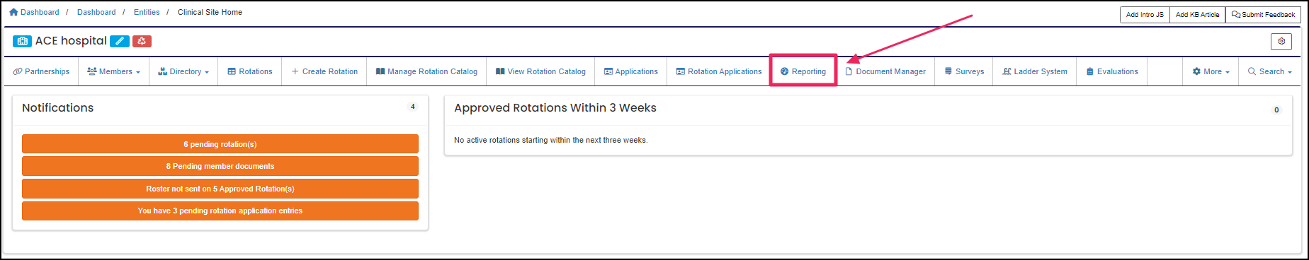 Clinical site home page highlighting Reporting button.