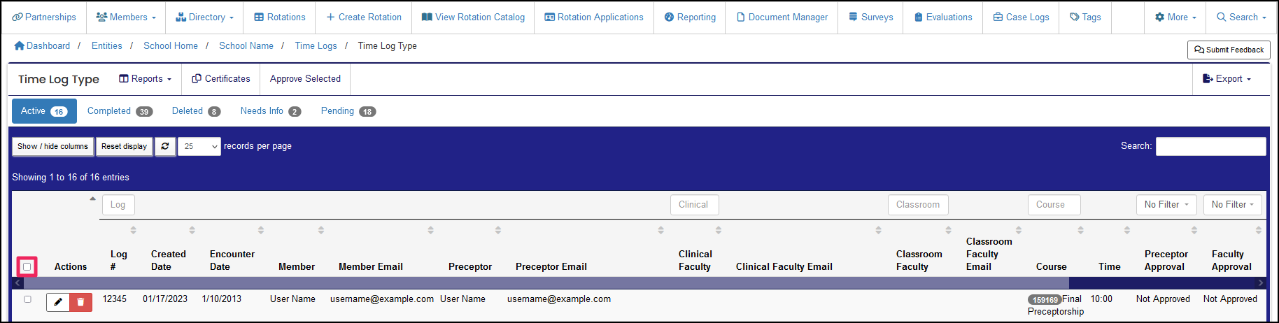 Time log table highlighting the select all box.