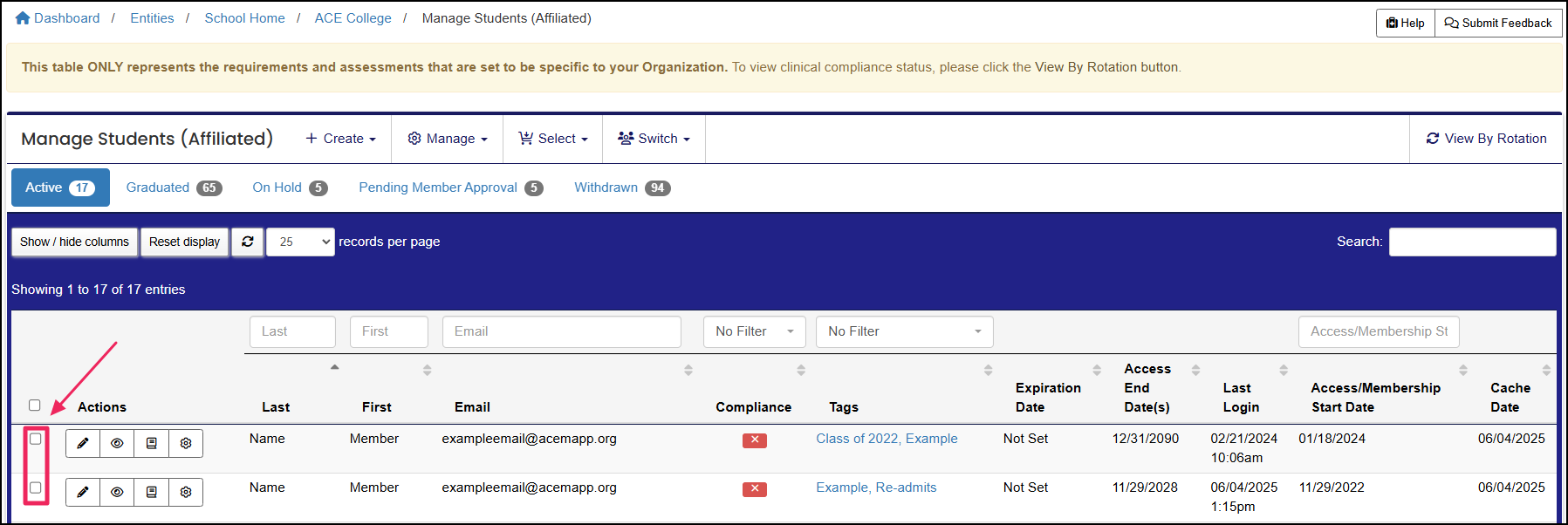 Manage students affiliated table highlighting the checkboxes to select multiple students.