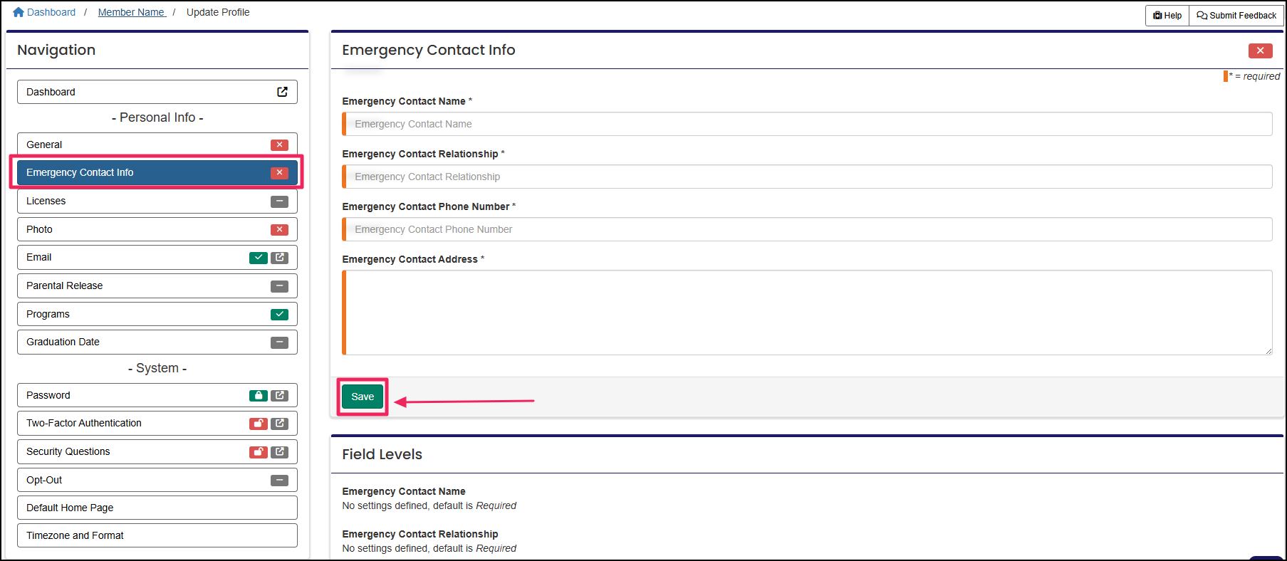 Emergency contact info tab highlighting the save button.