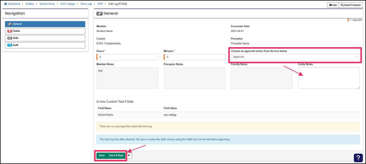 Edit time log highlighting approval notes.