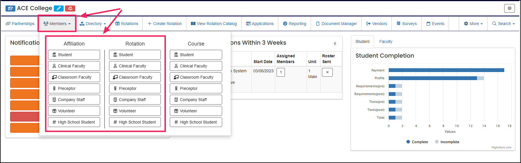 Users home page highlighting Members drop-down button and member types by Affiliation and Rotation columns.
