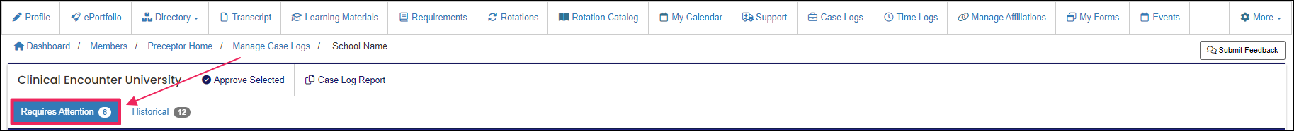 Manage case log table highlighting Requires Attention button.