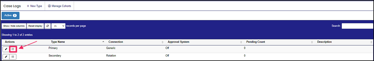 case log table highlighting list button in action column