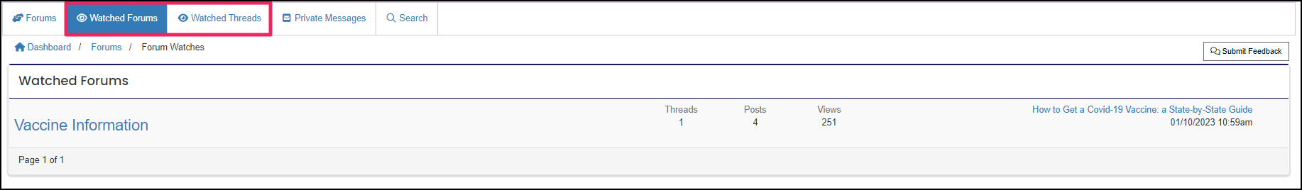 Forums table highlighting Watched Forums and Watched Threads buttons.