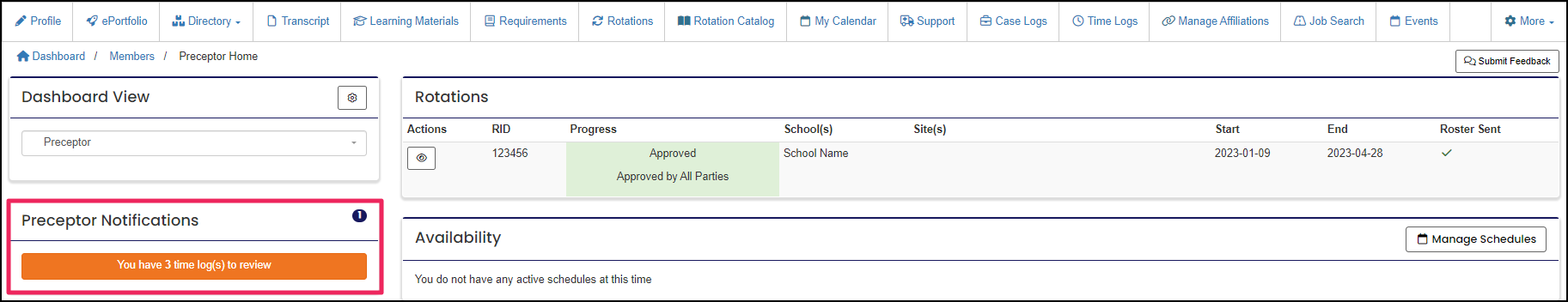 Preceptor notifications table on preceptor homepage.