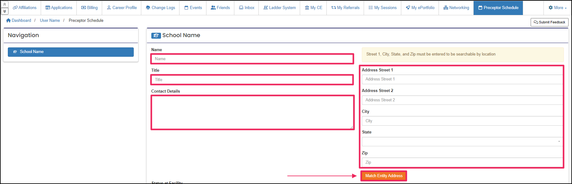 Preceptor schedule highlighting Name, Title, Contact Details, Address, and Match Entity Address fields.