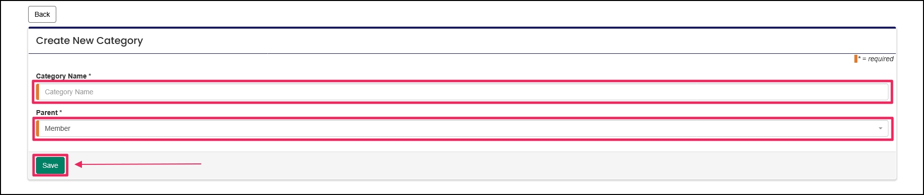 Create New Category form highlighting Name and Parent name fields.