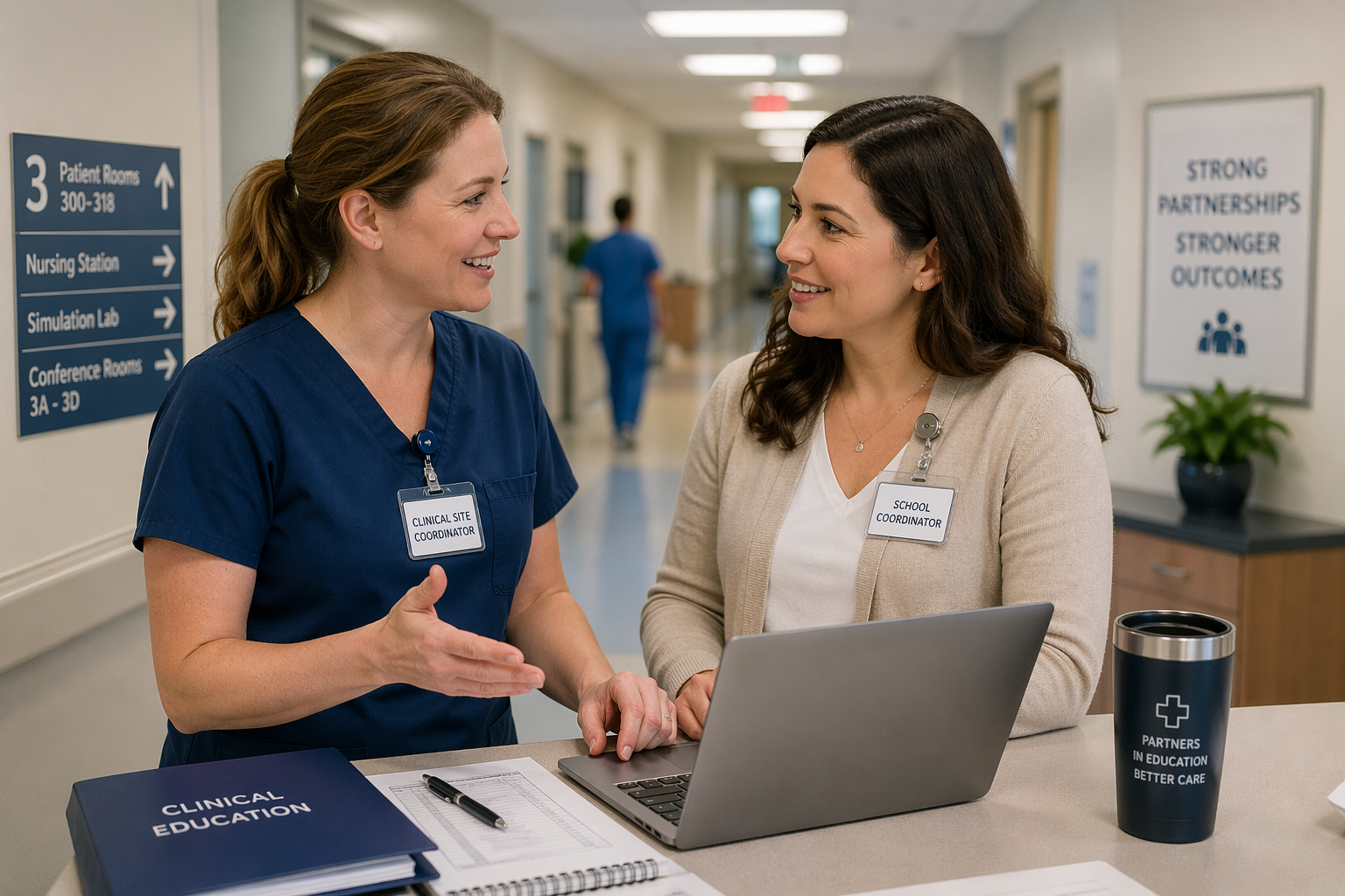 Clinical site coordinator and school coordinator collaborating in a hospital