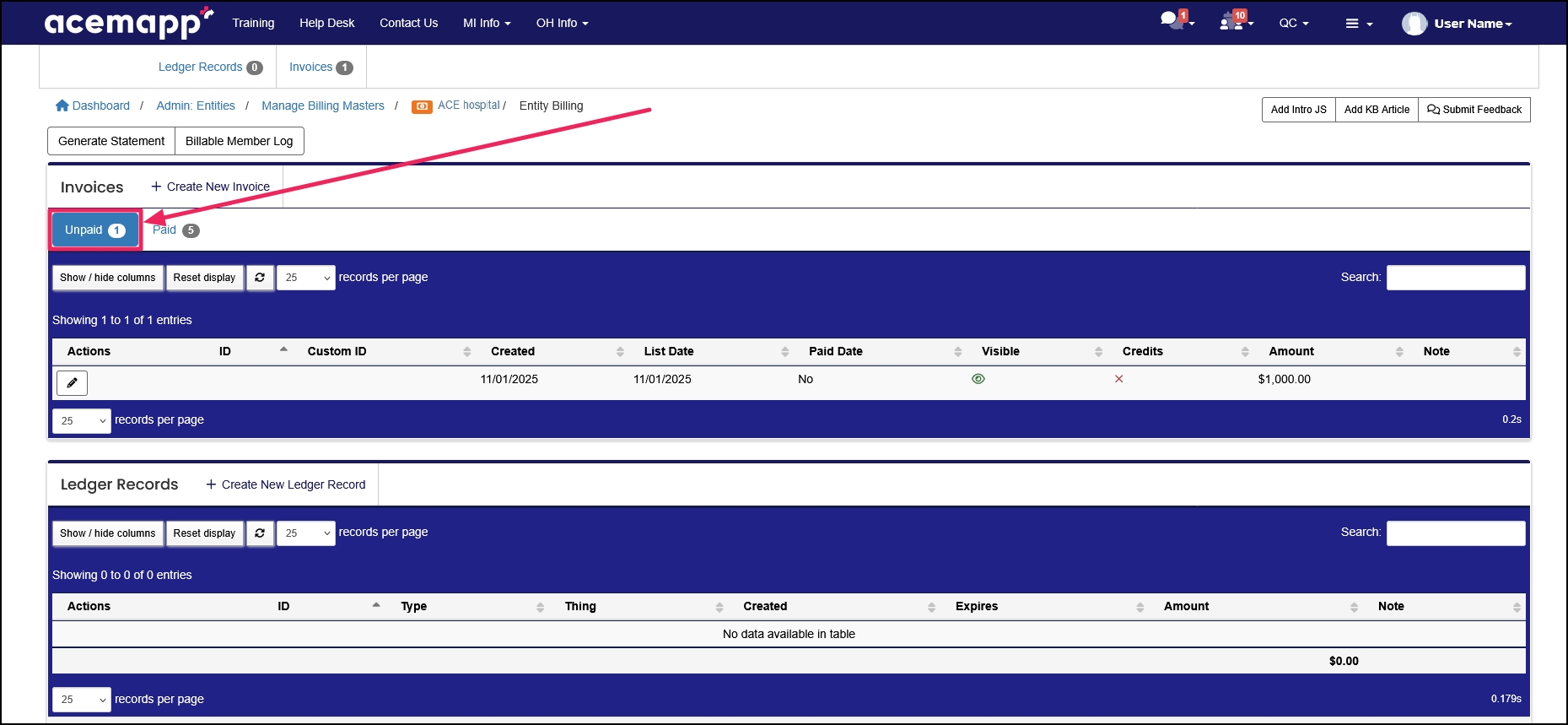 Billing table highlighting the Unpaid tab.
