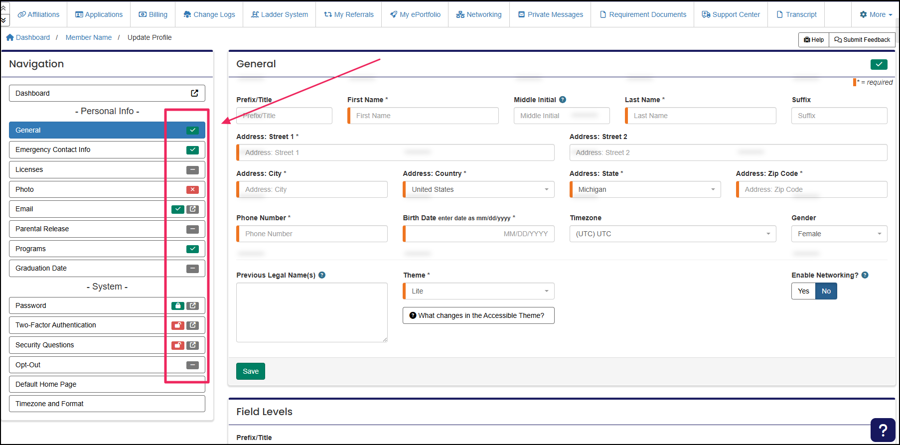 Profile area highlighting navigtion tabs with incomplete, optional, and complete indicators.