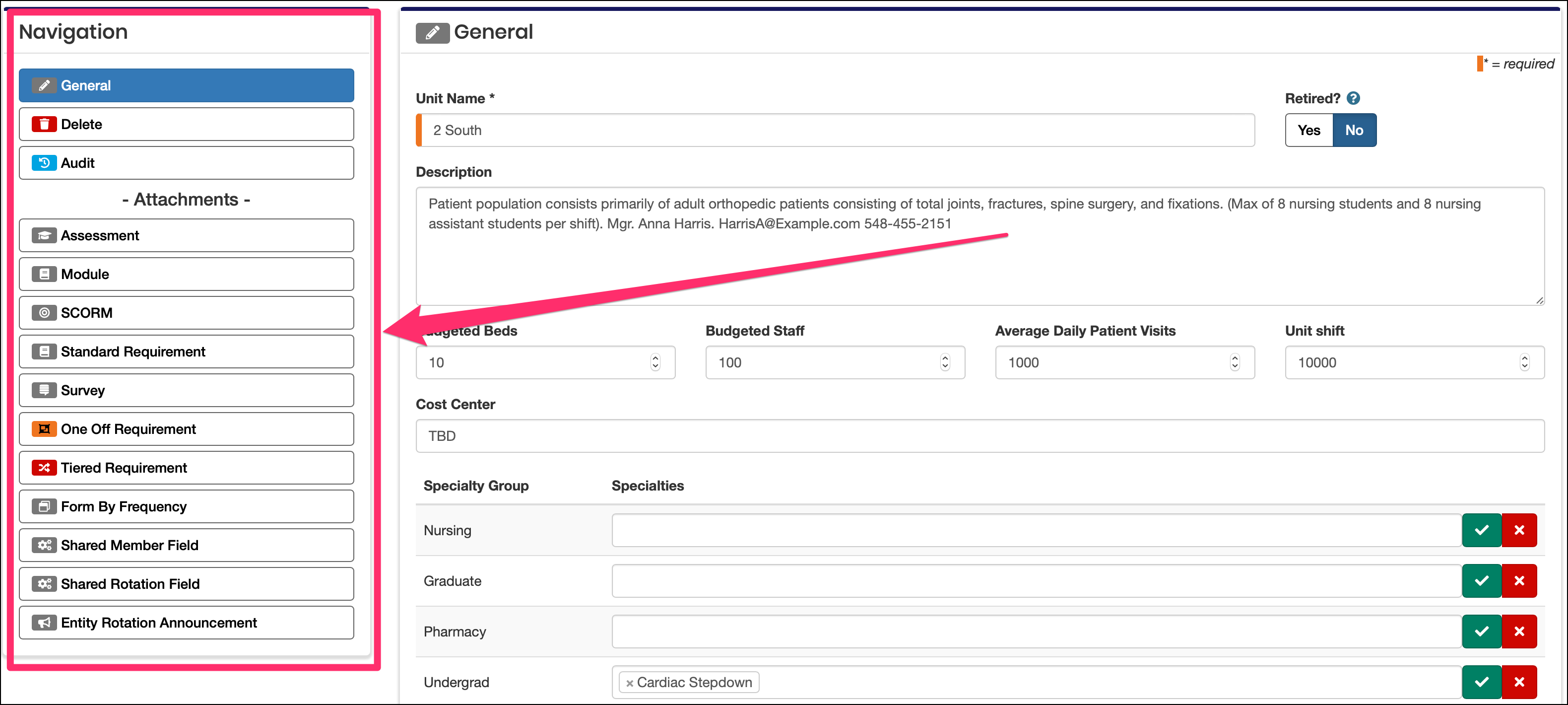 Edit unit screen highlighting navigation panel.