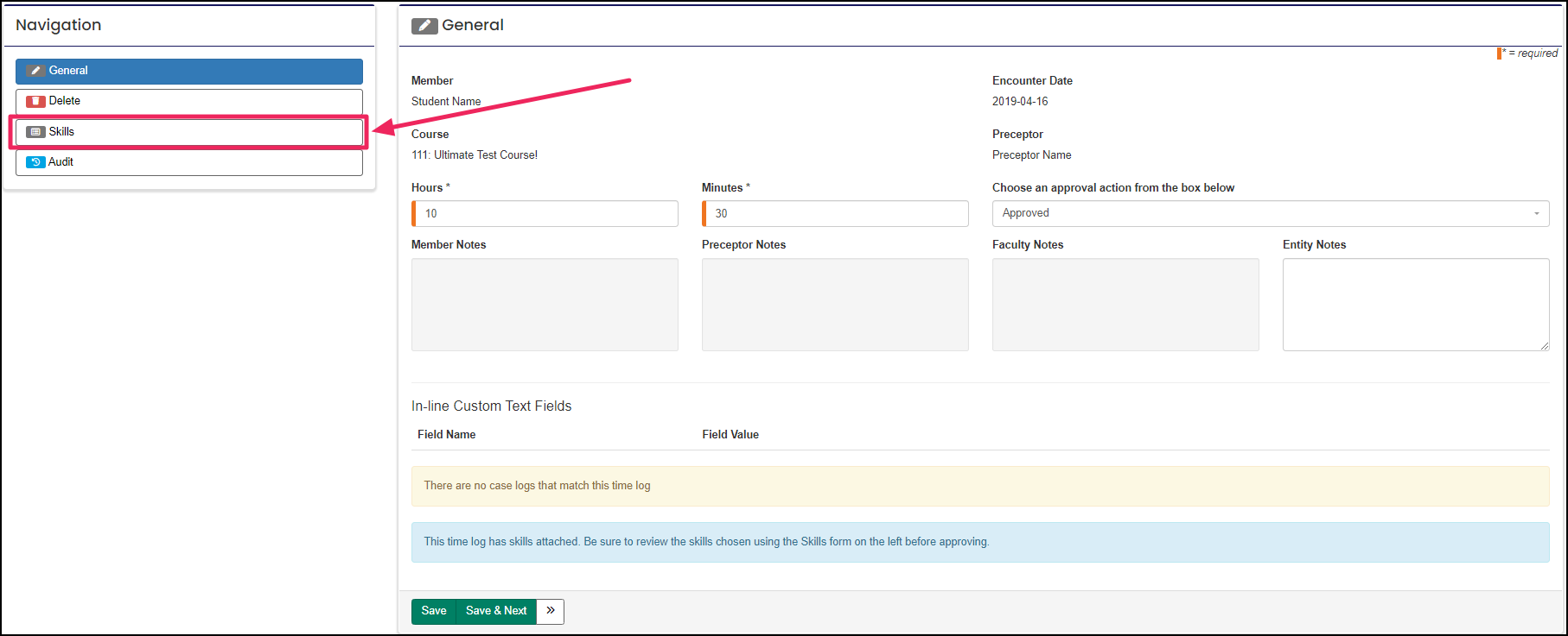 Time log with an arrow pointing to skills under the navigation panel.