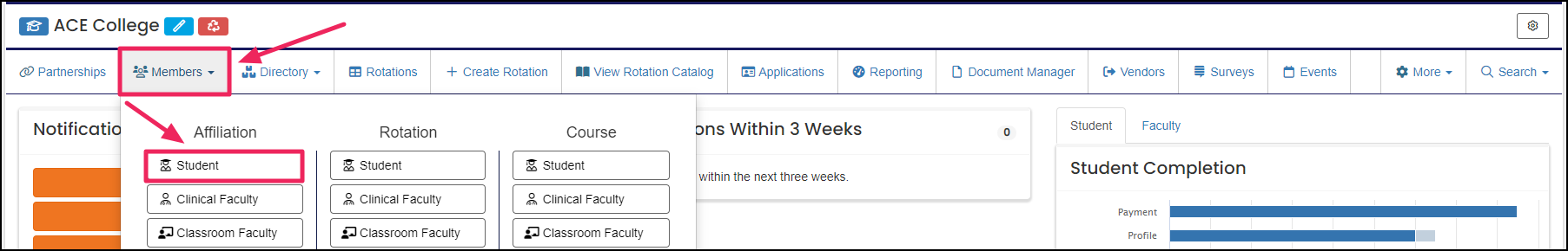 Members dropdown with an arrow pointing to the student under affiliation.