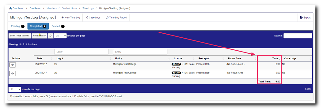Manage Time Log table highlighting Time entered column.