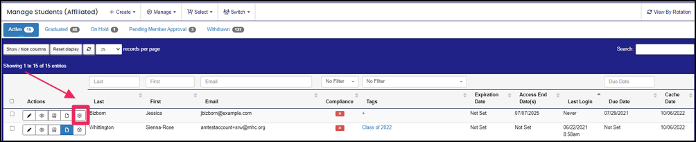 Manage Students table example highlighting Manage button.