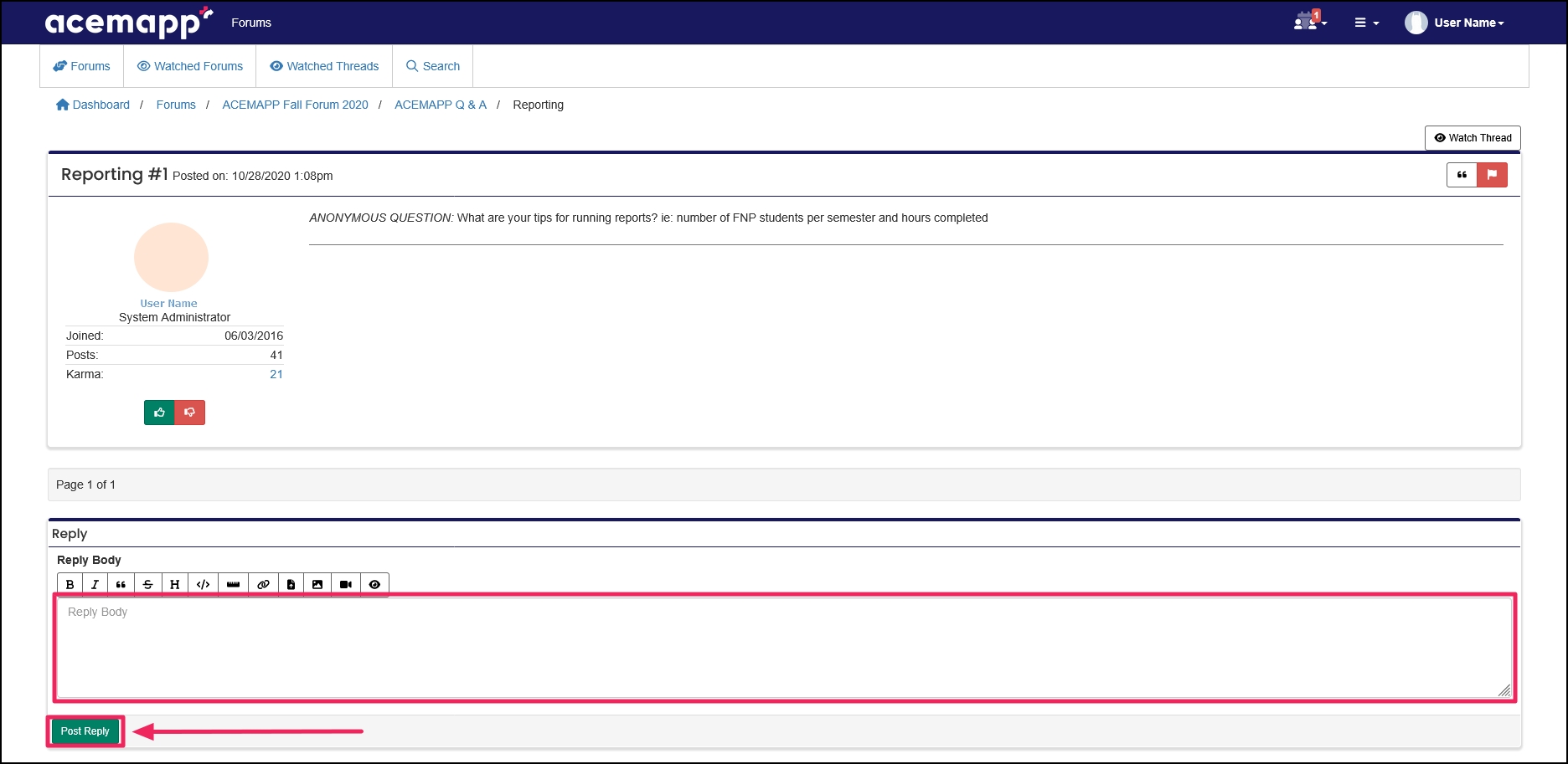 Thread example highlighting post reply text area and Post Reply button.