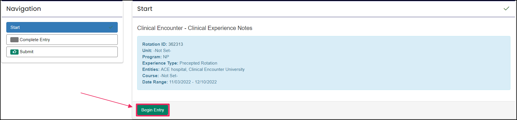 Structured Form on Demand page example highlighting Begin Entry button.