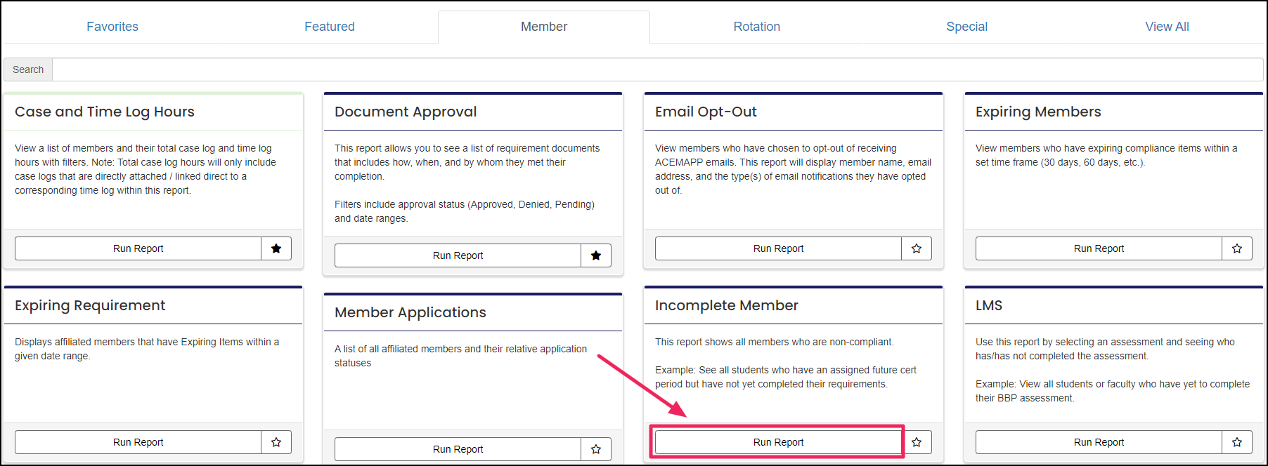 Reporting dashboard highlighting Incomplete Member report panel.