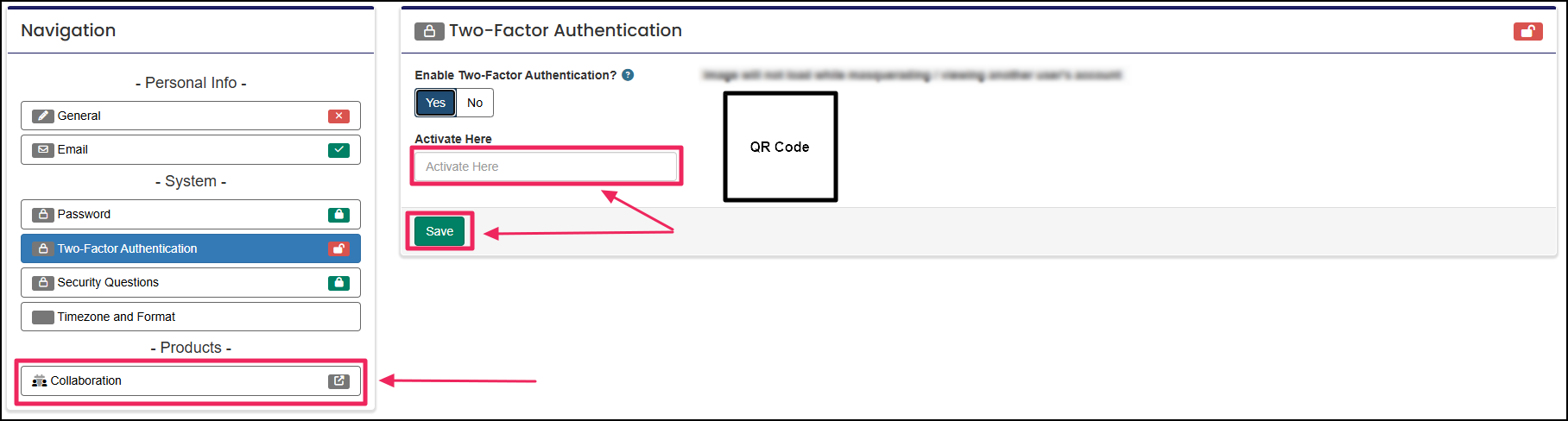 Two-factor authentication tab highlighting the activate here field and save button.