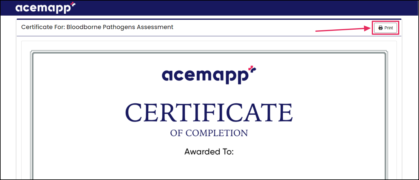 Certificate print preview, highlighting Print button.