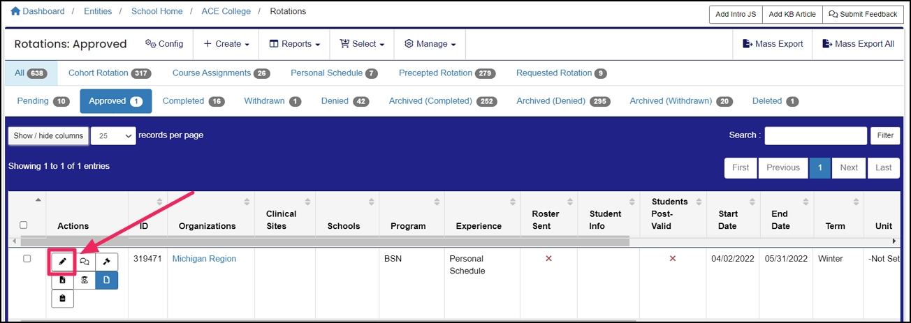 Rotations table highlighting Edit button.