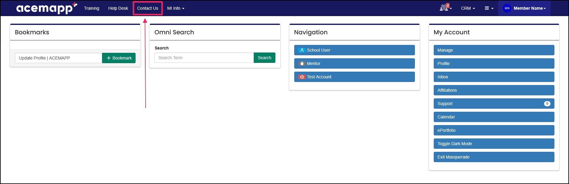 Arrow pointing to the Contact Us button.