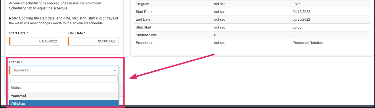 Rotation Edit screen example highlighting Status selector.