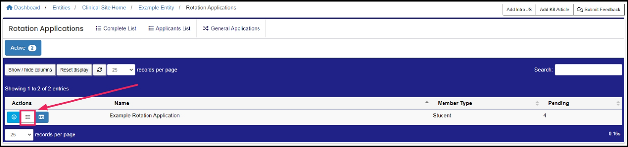 Rotation Application screen highlighting List icon.