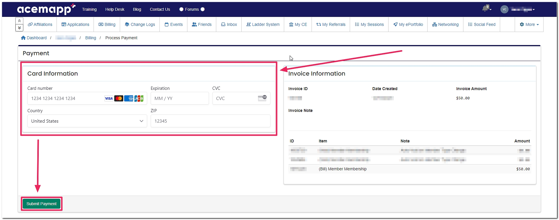 Process Payment screen highlighting Card Information fields and Submit Payment button.