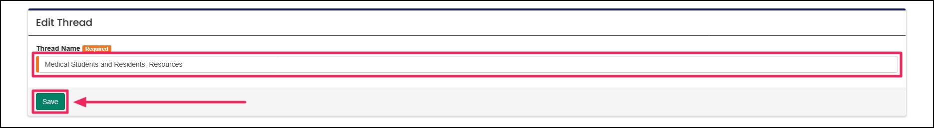 Edit Thread form highlighting Thread Name field and Save button.