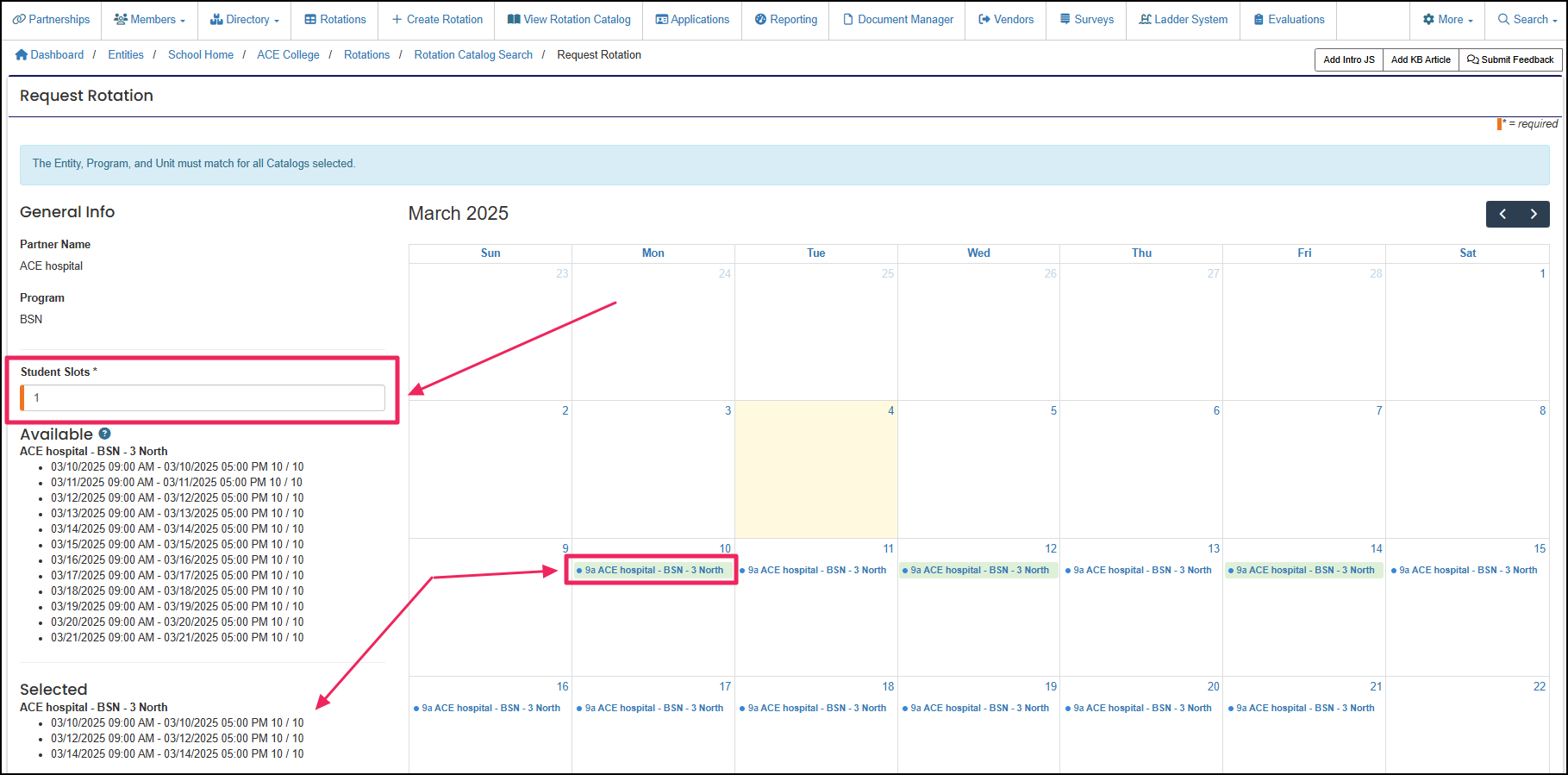 Rotation catalog calendar view highlighting the student slots field and a selected shift.