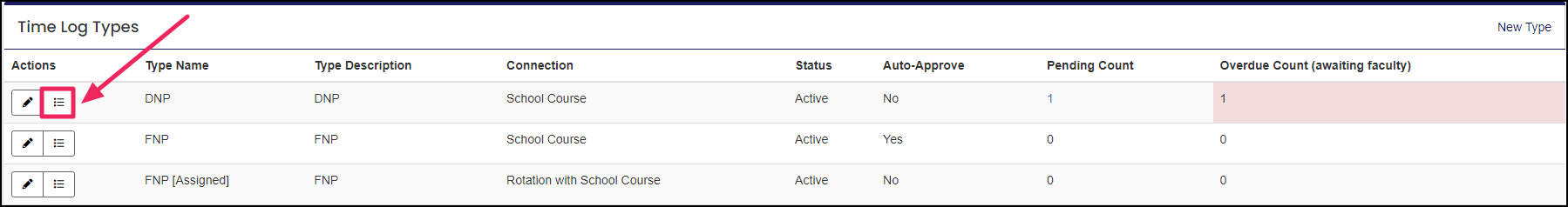 Time log types page with an arrow pointing to the List button.