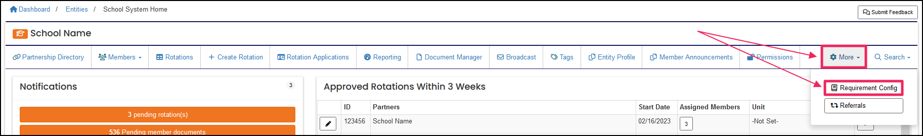 User home page highlighting More dropdown button and Requirement Config button.