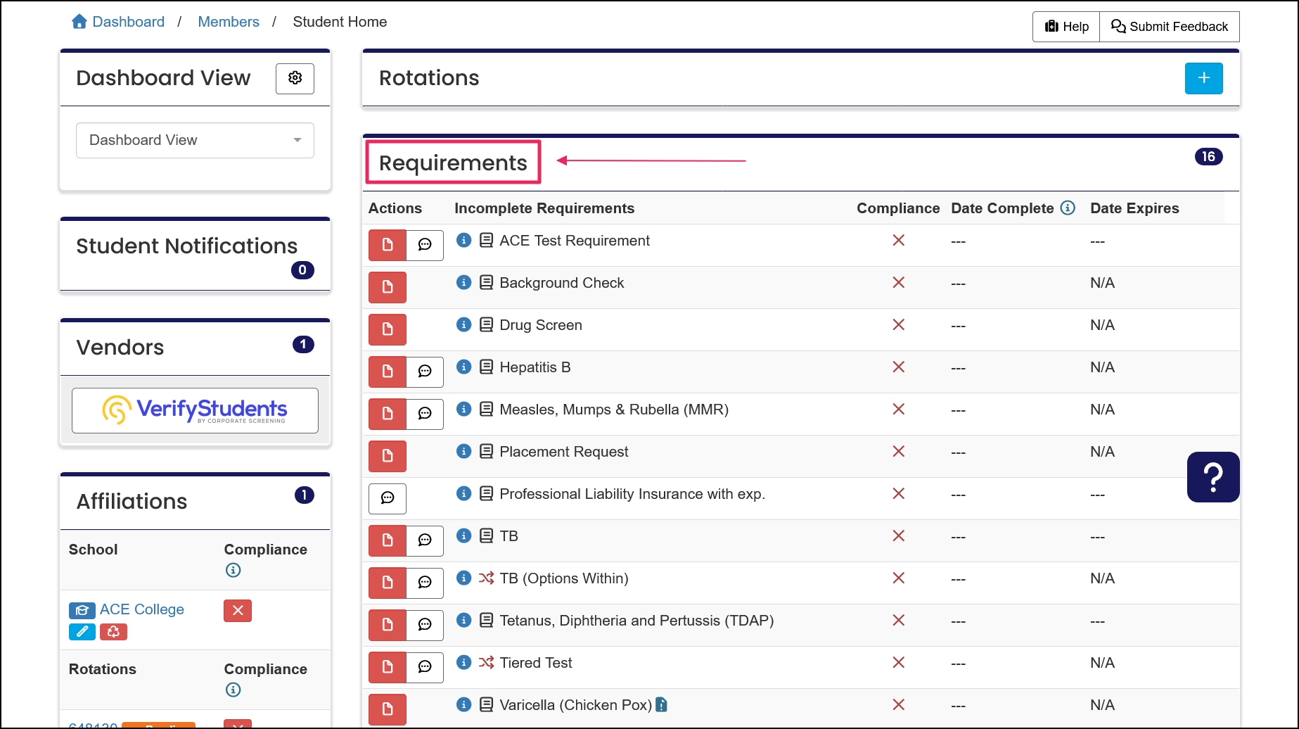 Member home page noting the requirement table